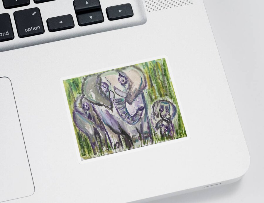 Elephants Sticker featuring the painting Elephant family in abstract by Lisa Koyle