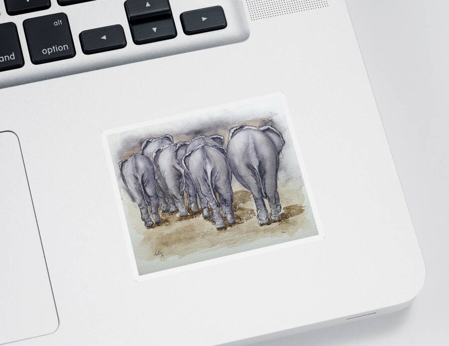 Elephant Herds Sticker featuring the painting Elephants Leaving...No Butts about it by Kelly Mills