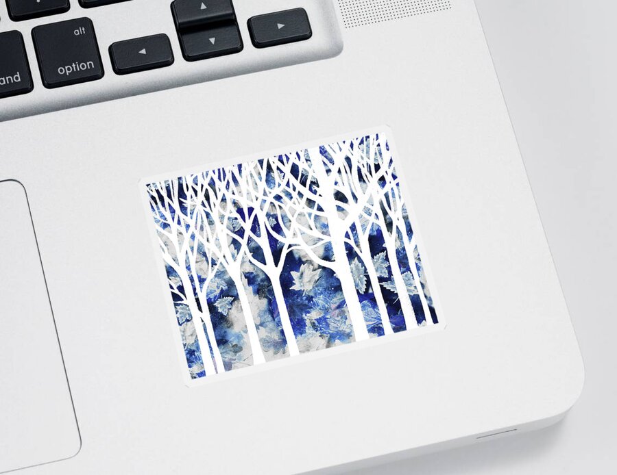 Abstract Forest Sticker featuring the painting Enchanted Winter Forest Watercolor Silhouette White Trees And Branches Blue Ground by Irina Sztukowski