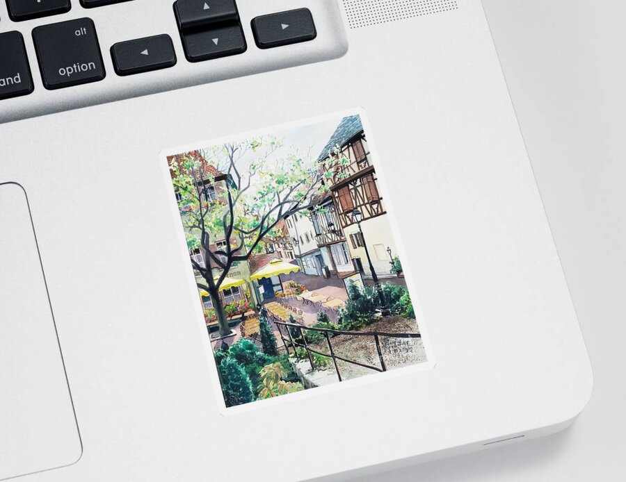 Colmar Sticker featuring the painting European Outdoor Dining by Merana Cadorette