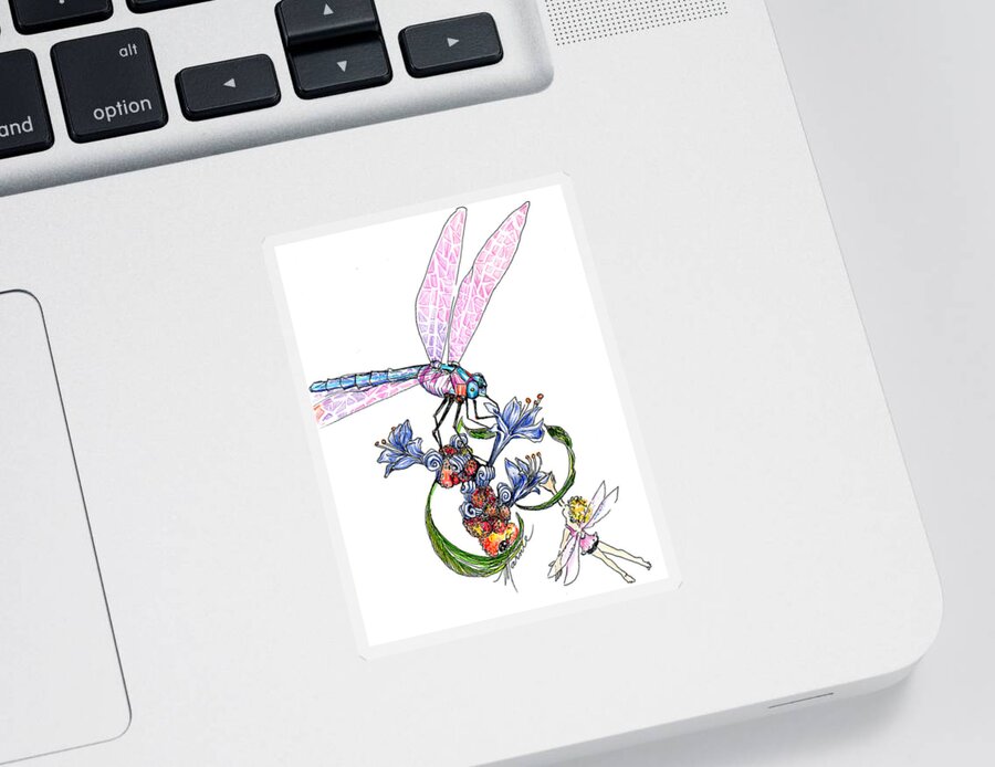 Bug Sticker featuring the drawing Fairy and Dragonfly by Marnie Clark