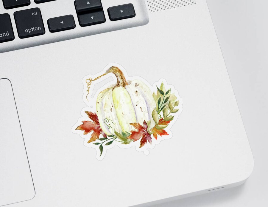 Watercolor Sticker featuring the painting Fall Autumn Grateful Harvest White Pumpkin and Leaves by Audrey Jeanne Roberts