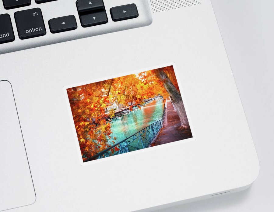 Annecy Sticker featuring the photograph Fall Colors of Canal du Vasse Annecy France by Carol Japp