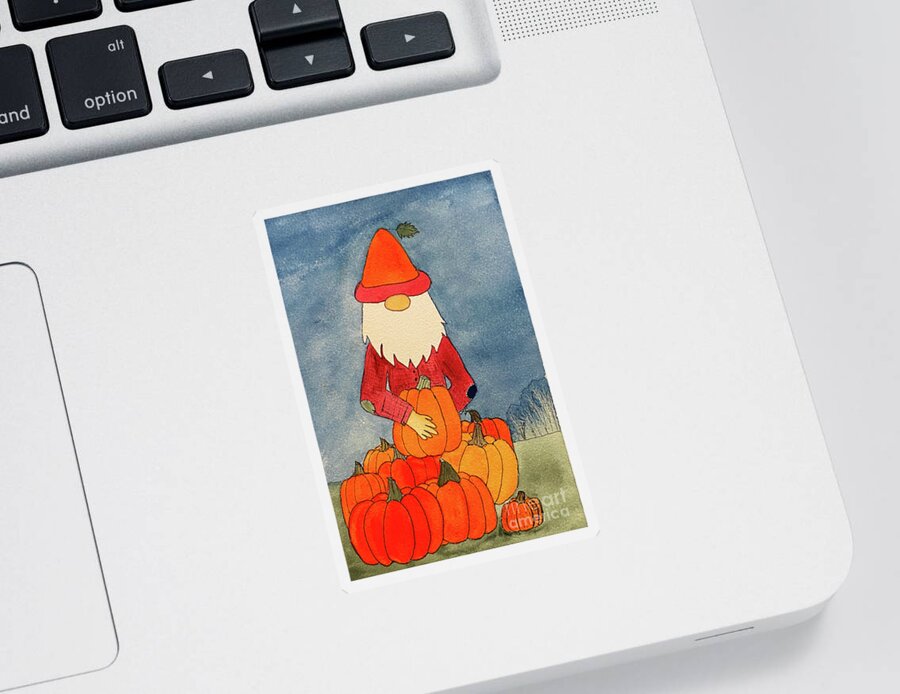 Fall Sticker featuring the mixed media Fall Gnome with Pumpkins by Lisa Neuman