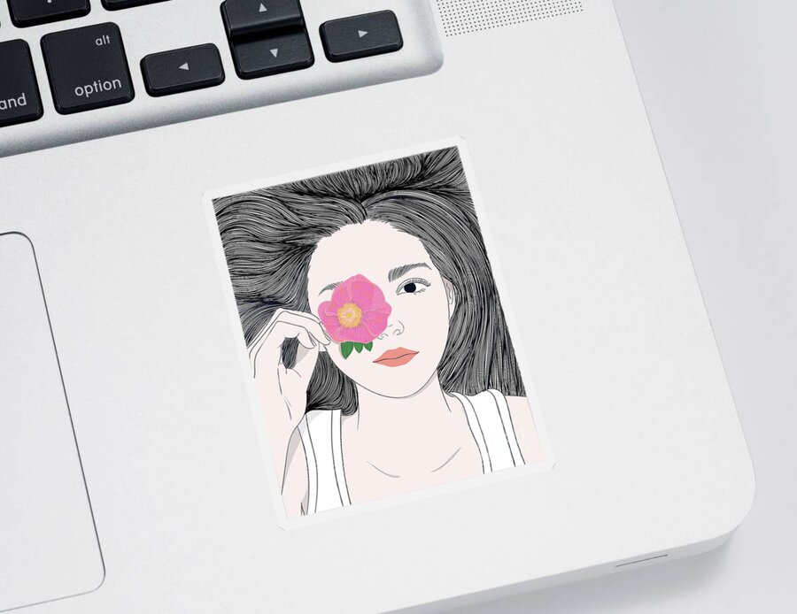 Graphic Sticker featuring the digital art Fashion Girl With Long Hair And A Flower - Line Art Graphic Illustration Artwork by Sambel Pedes