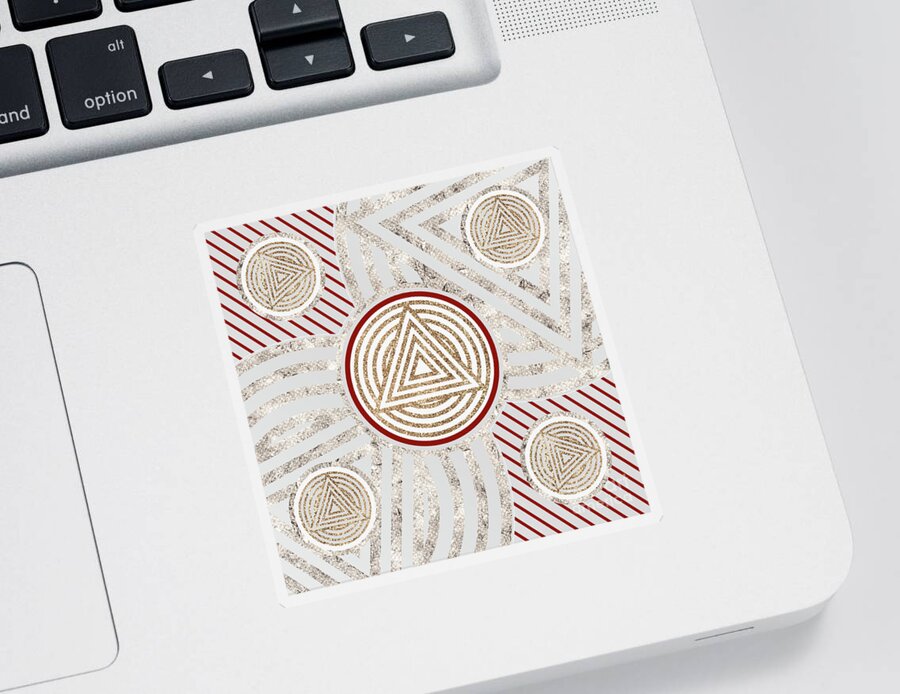 Abstract Sticker featuring the mixed media Festive Sparkly Geometric Glyph Art in Red Silver and Gold n.0087 by Holy Rock Design