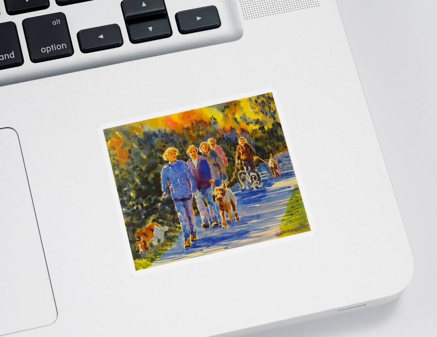Fall Sticker featuring the painting Five Dog Walkers by David Gilmore