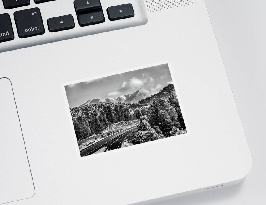 Flagstaff Arizona Sticker featuring the photograph Flagstaff Arizona Frosty Mountain Landscape - Black and White by Gregory Ballos
