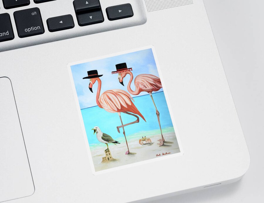Beach Sticker featuring the painting Flamenco Flamingo's and The Singing Seagull by Leah Saulnier The Painting Maniac