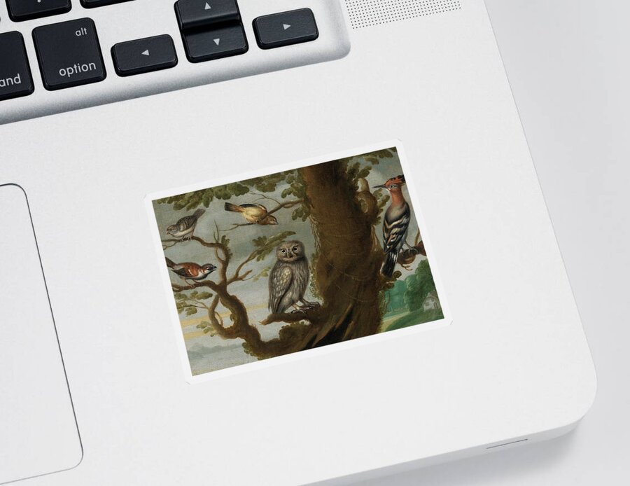 Travel Sticker featuring the painting Flemish School Century An owl and a hoopoe and other birds in a tree by MotionAge Designs
