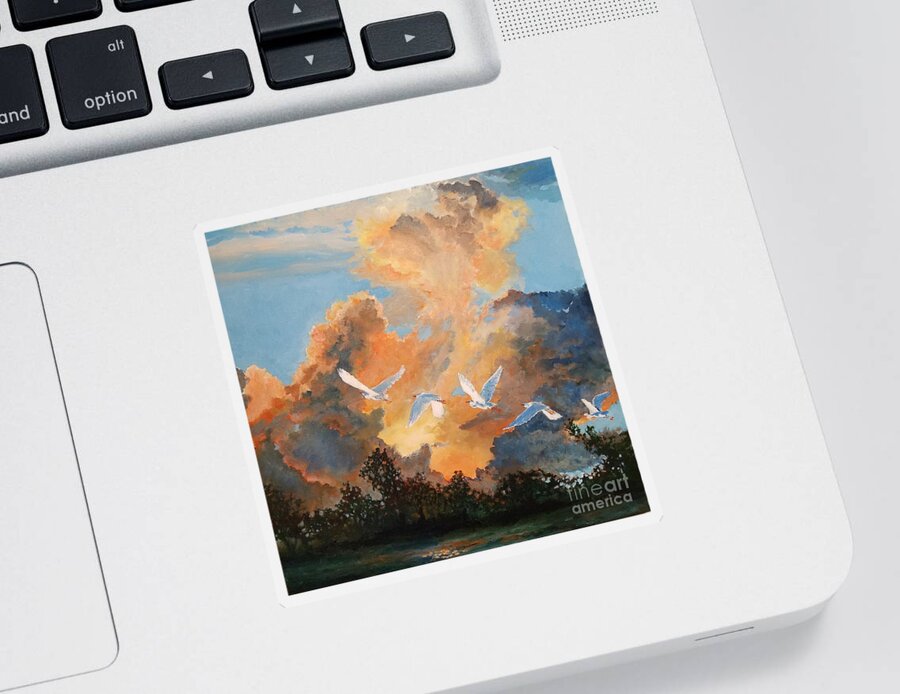 Egrets Sticker featuring the painting Flight before the storm by Merana Cadorette