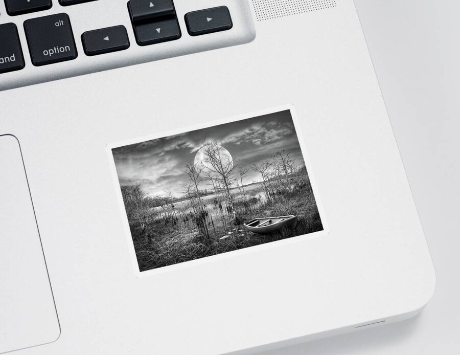 Boats Sticker featuring the photograph Floating Under the Full Moon in Black and White by Debra and Dave Vanderlaan