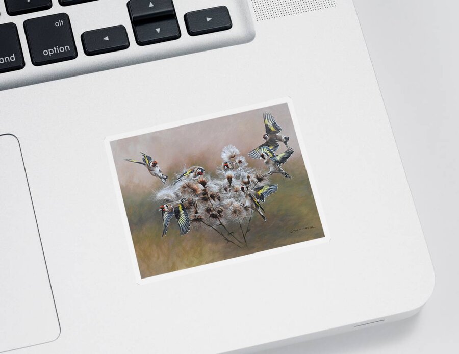 Finch Sticker featuring the painting Flock of Goldfinches on Thistle by Alan M Hunt