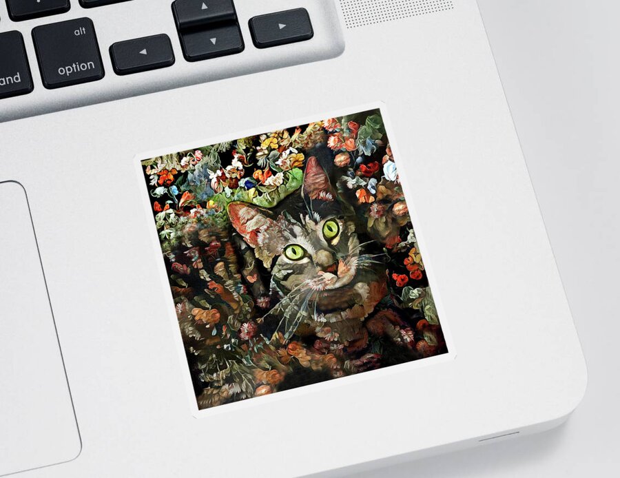 Tabby Cat Sticker featuring the digital art Floral Tabby Cat by Peggy Collins
