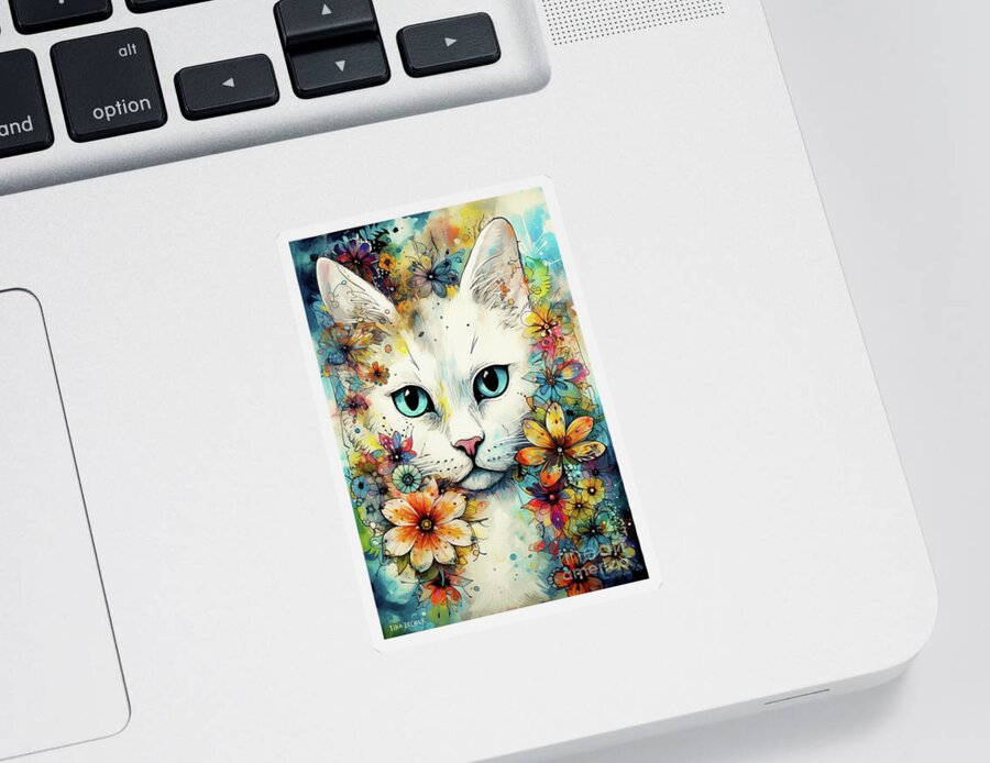Kitten Sticker featuring the painting Flower Power Pandora by Tina LeCour