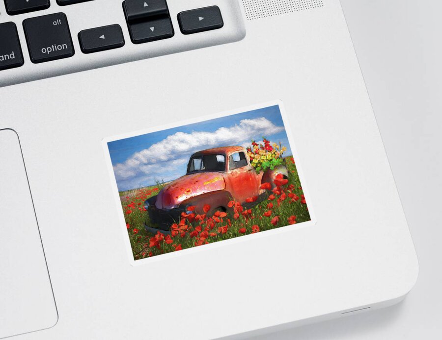 Old Sticker featuring the photograph Flower Truck in Poppies Painting by Debra and Dave Vanderlaan