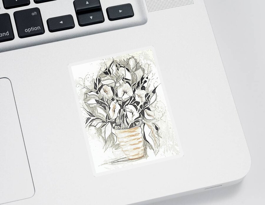 Flower Sticker featuring the painting Flowerpot Drawing with Ink by Lisa Kaiser