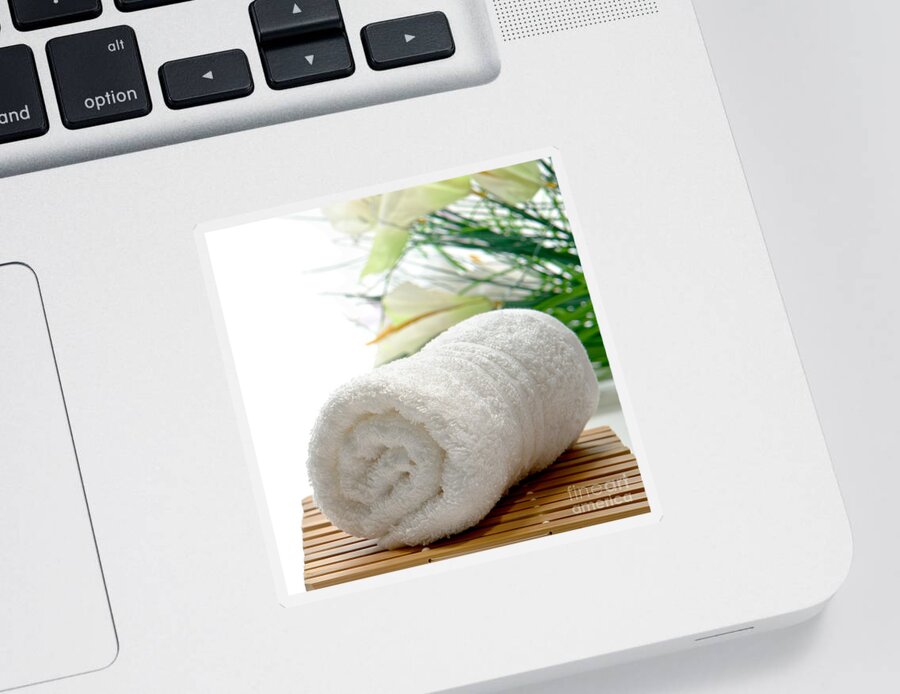 Bath Sticker featuring the photograph Fluffy White Cotton Hand Towel in a Spa by Olivier Le Queinec