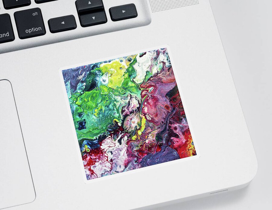 Fluid Sticker featuring the painting Fluid Abstract Purple Green by Maria Meester