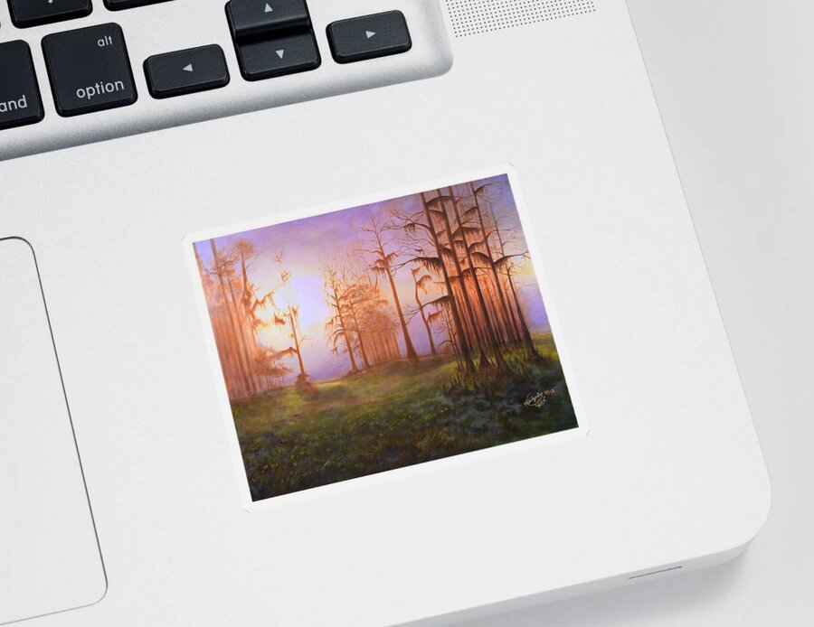 Florida Sticker featuring the painting Foggy Florida Cypress Sunrise by William Dickgraber