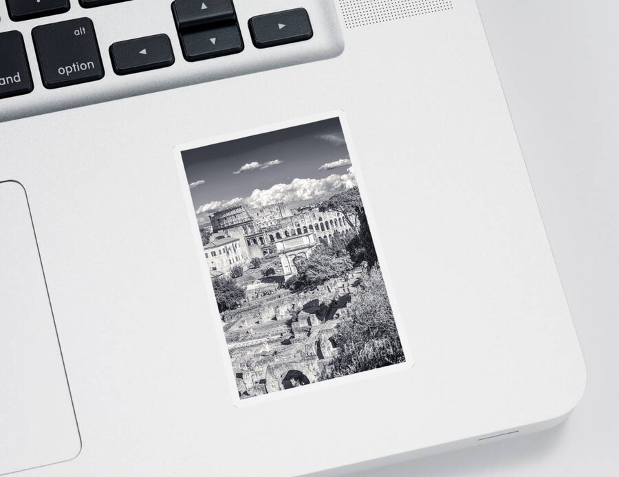 Italian Scene Sticker featuring the photograph Forum Romanum with The Colosseum in the background BW by Stefano Senise