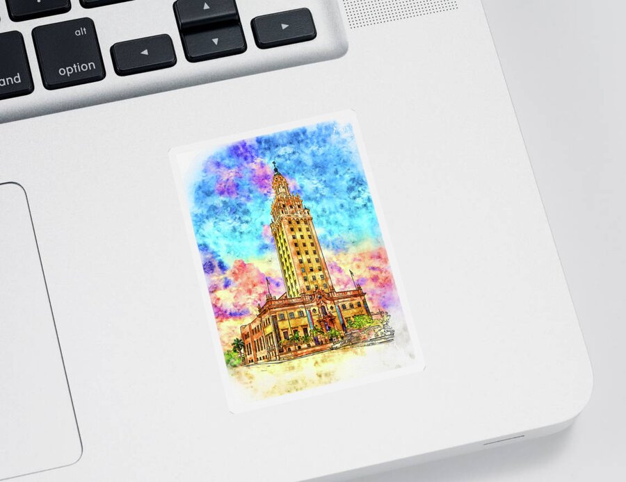 Freedom Tower Sticker featuring the digital art Freedom Tower in Miami, Florida, at sunset - pen and watercolor by Nicko Prints