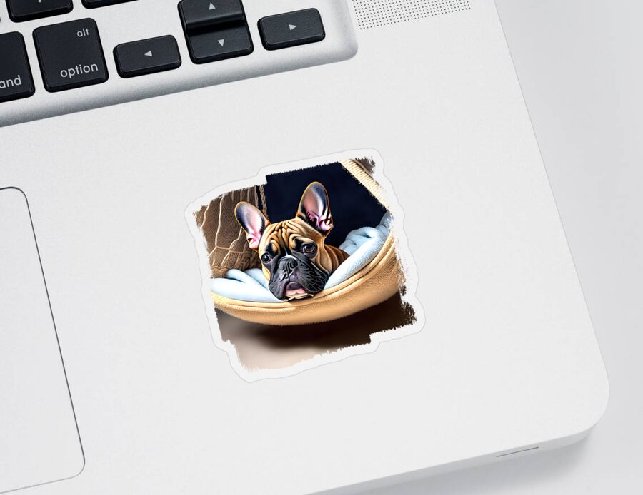 Frenchie Sticker featuring the digital art French Bulldog in a Hammock by Elisabeth Lucas