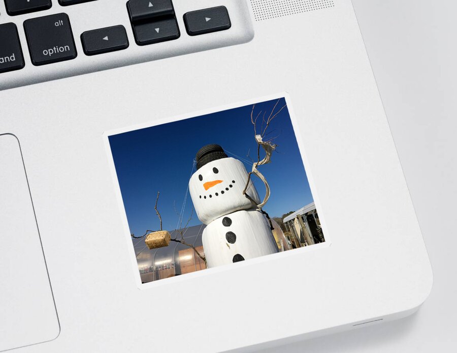 Frosty Sticker featuring the photograph Frosty, a Hay Bale Snowman - Horizontal by Bill Swartwout