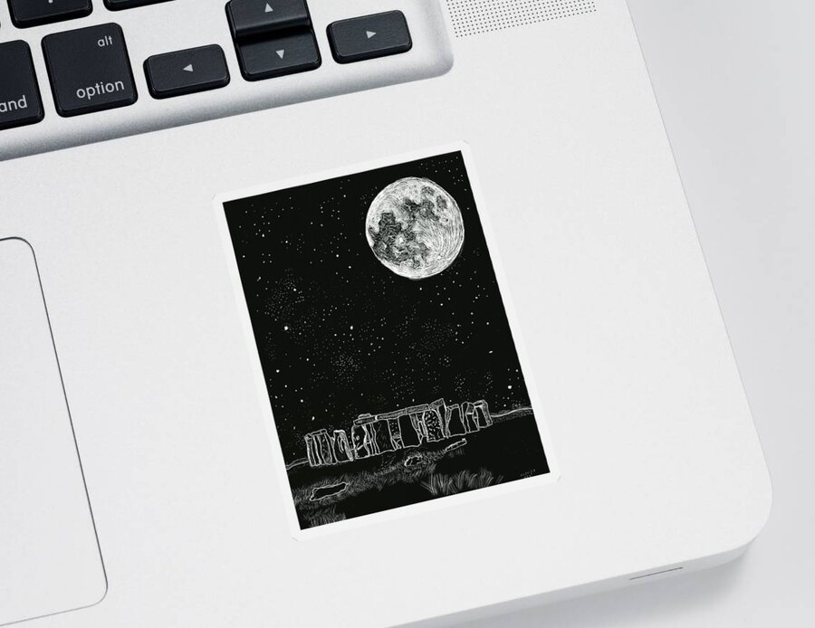 Moon Sticker featuring the drawing Full moon over Stonehenge by Branwen Drew