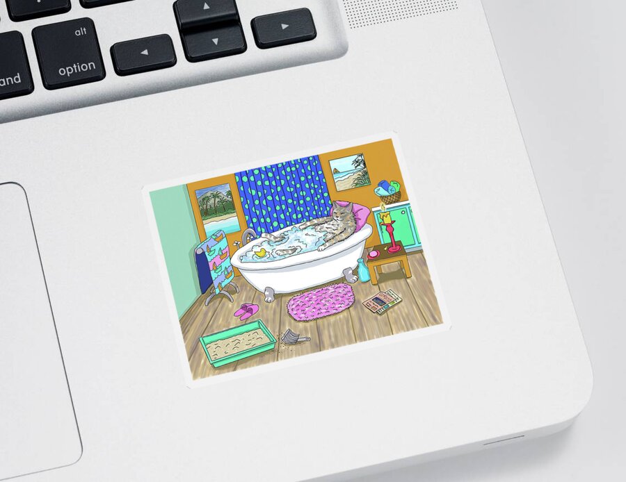 Cat Sticker featuring the digital art Funny Cat in Bath Cat 665 by Lucie Dumas