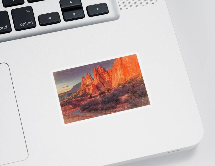 Garden Of The Gods Sticker featuring the photograph Garden of the Gods Sunrise, Painterly by Marcy Wielfaert