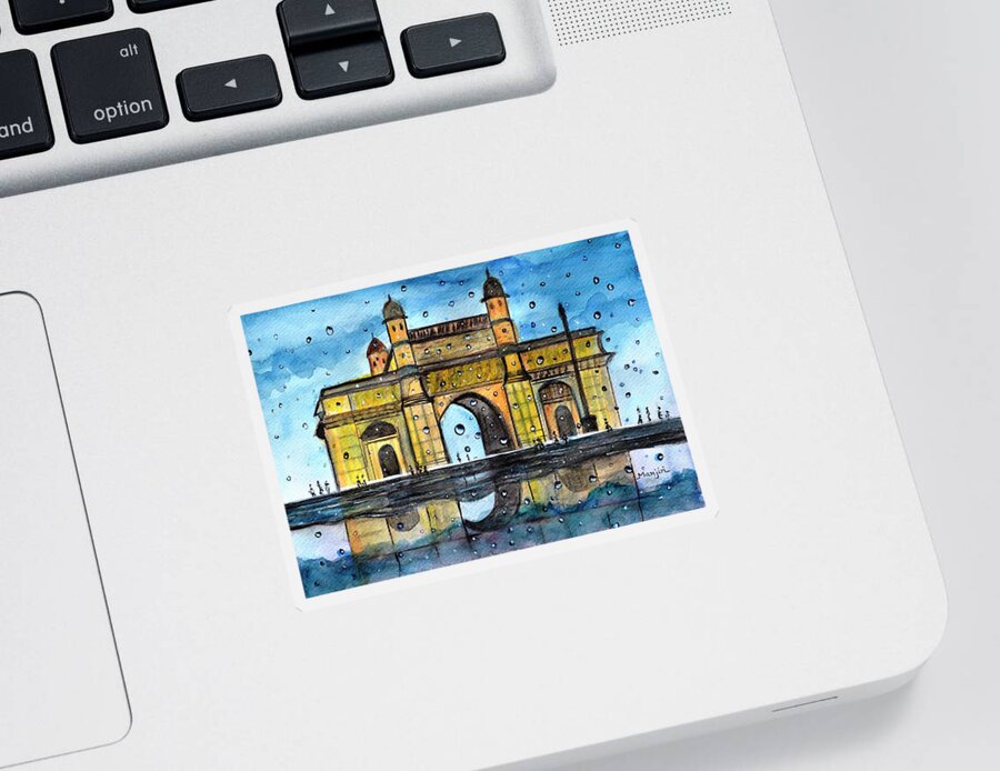 Gatewayofindia Sticker featuring the painting Gateway of India rainy watercolor landscape painting by Manjiri Kanvinde