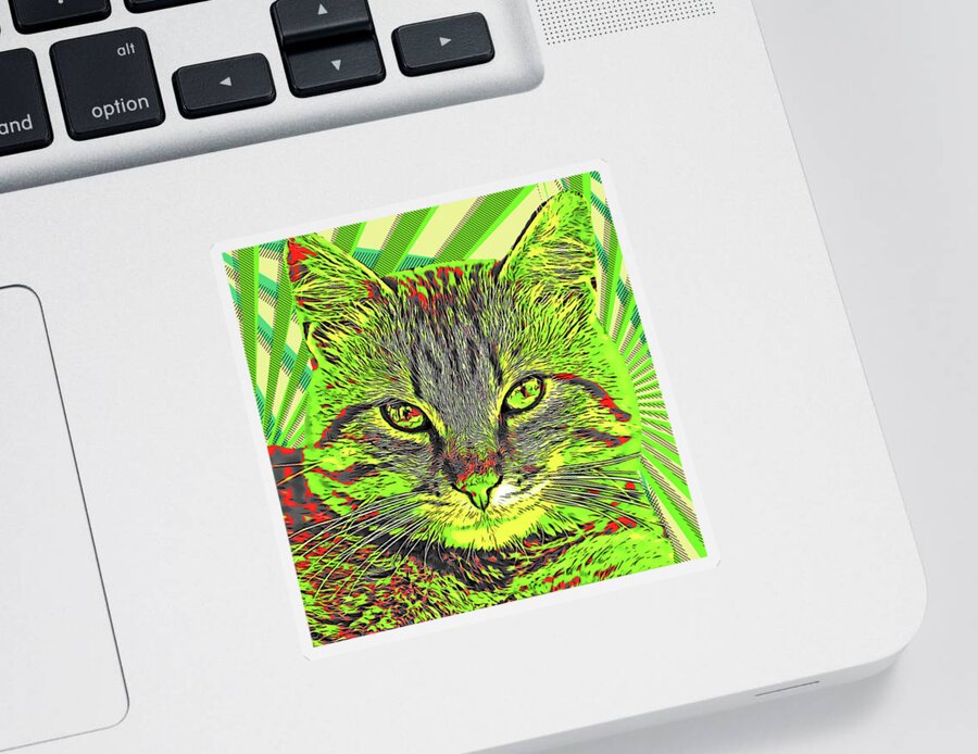 Green Sticker featuring the painting Ginger Cat - Modern Pop Color by Custom Pet Portrait Art Studio