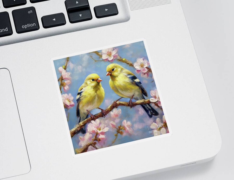 Goldfinch Birds Sticker featuring the painting Glorious Goldfinches by Tina LeCour