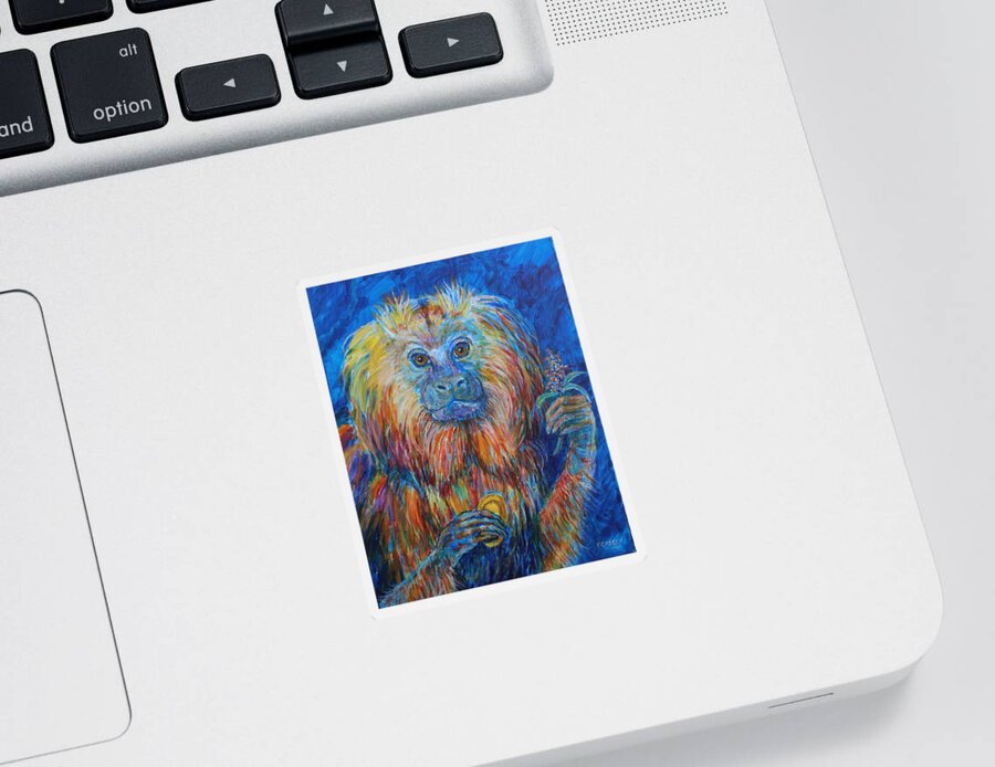 Monkey Sticker featuring the painting Golden Tamarin by Veronica Cassell vaz