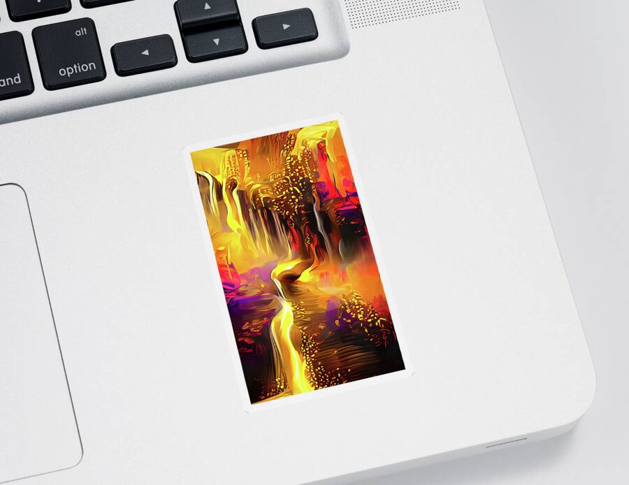Abstract Sticker featuring the digital art Golden Waterfall 08 Colorful Water Flow by Matthias Hauser