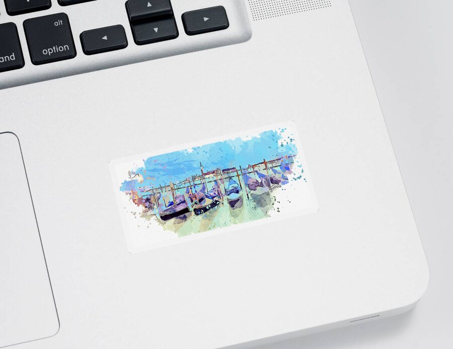 Er Sticker featuring the painting Gondolas, Venice, Italy, ca 2021 by Ahmet Asar, Asar Studios by Celestial Images