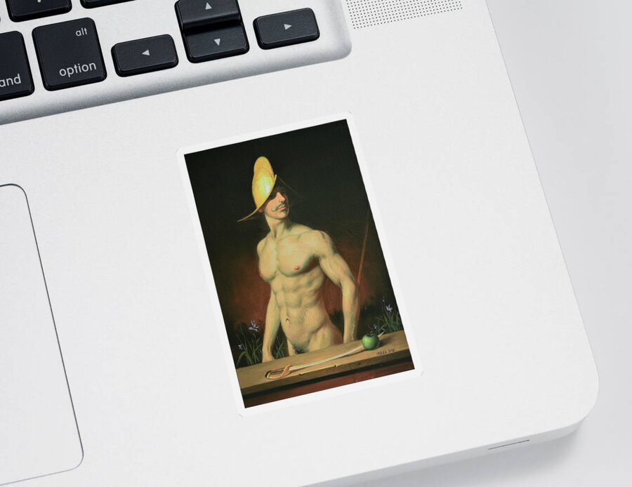 Male Nude Sticker featuring the painting Green apple and Sabre by Hongtao Huang