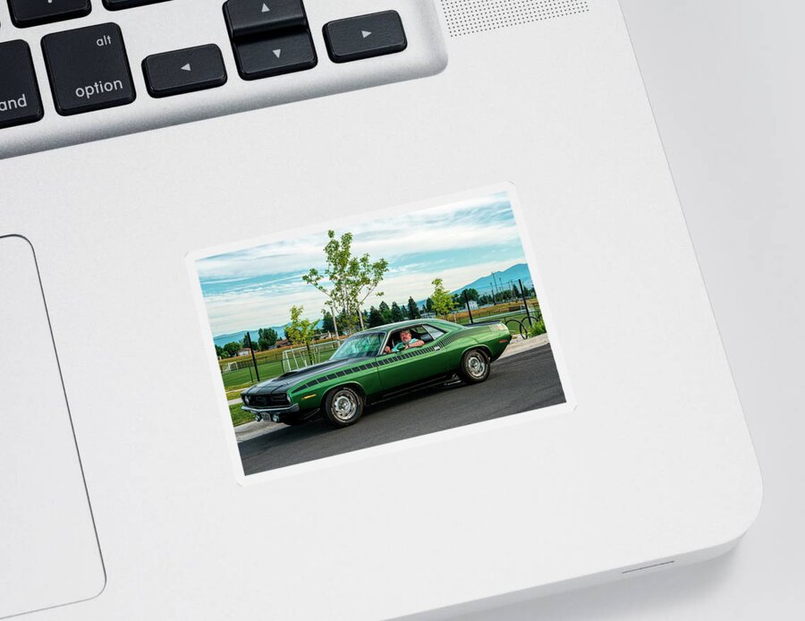 Classic Car Sticker featuring the photograph Green Cuda by Pamela Dunn-Parrish