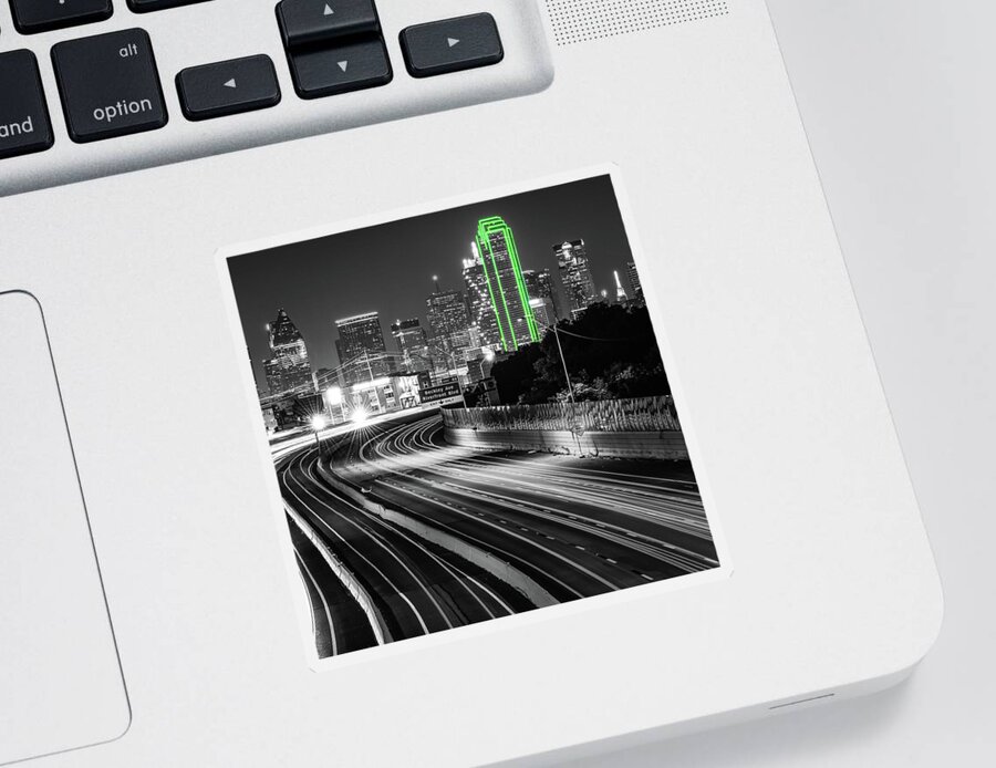 Dallas Texas Sticker featuring the photograph Green Light On The Dallas Skyline - Selective Color Edition by Gregory Ballos