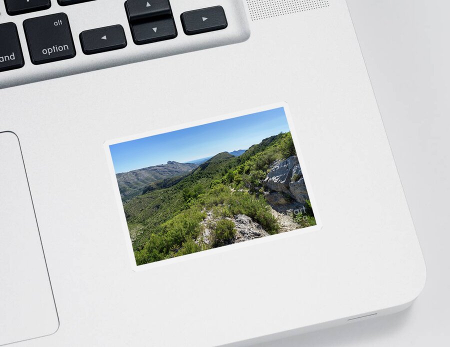 Mountain Sticker featuring the photograph Green mountain landscape and the rock Cavall Verd by Adriana Mueller