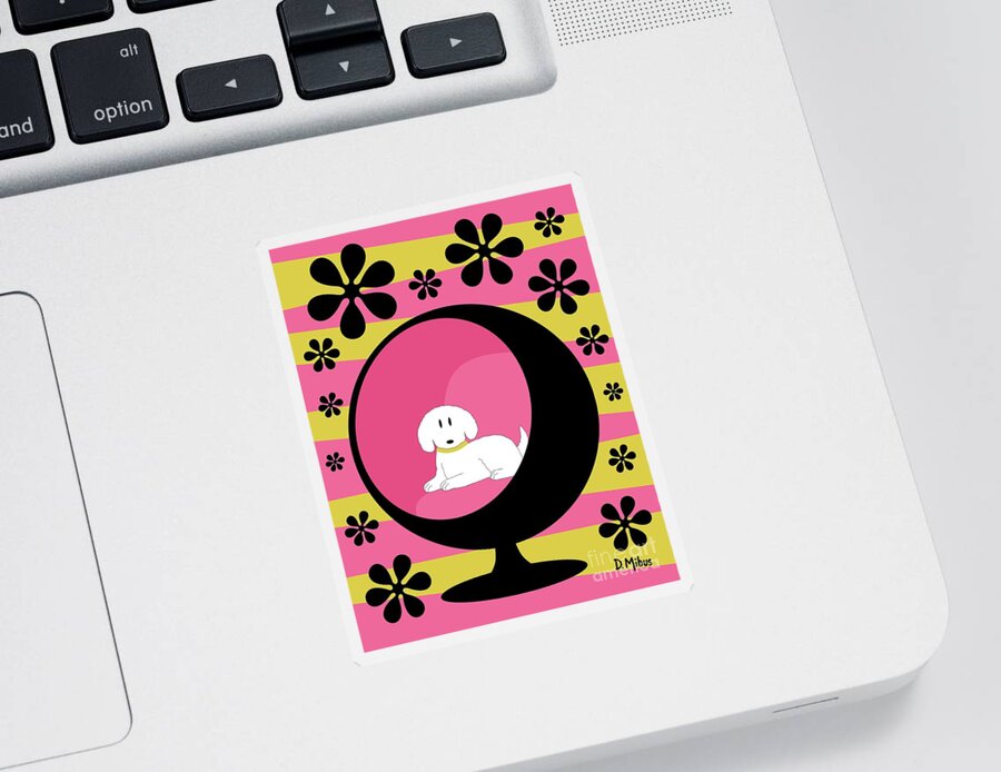 White Dog Sticker featuring the digital art Groovy Flowers with White Dog by Donna Mibus