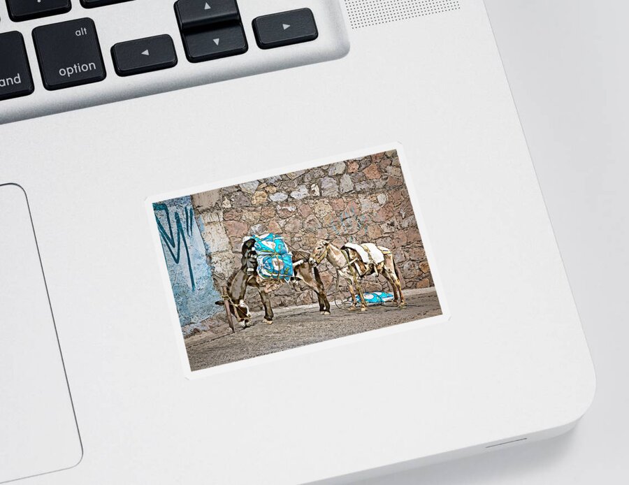 Donkeys Sticker featuring the mixed media Guanajuato donkeys - ink digital paint by Tatiana Travelways