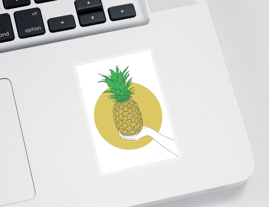 Graphic Sticker featuring the digital art Hand Holding Pineapple - Line Art Graphic Illustration Artwork by Sambel Pedes