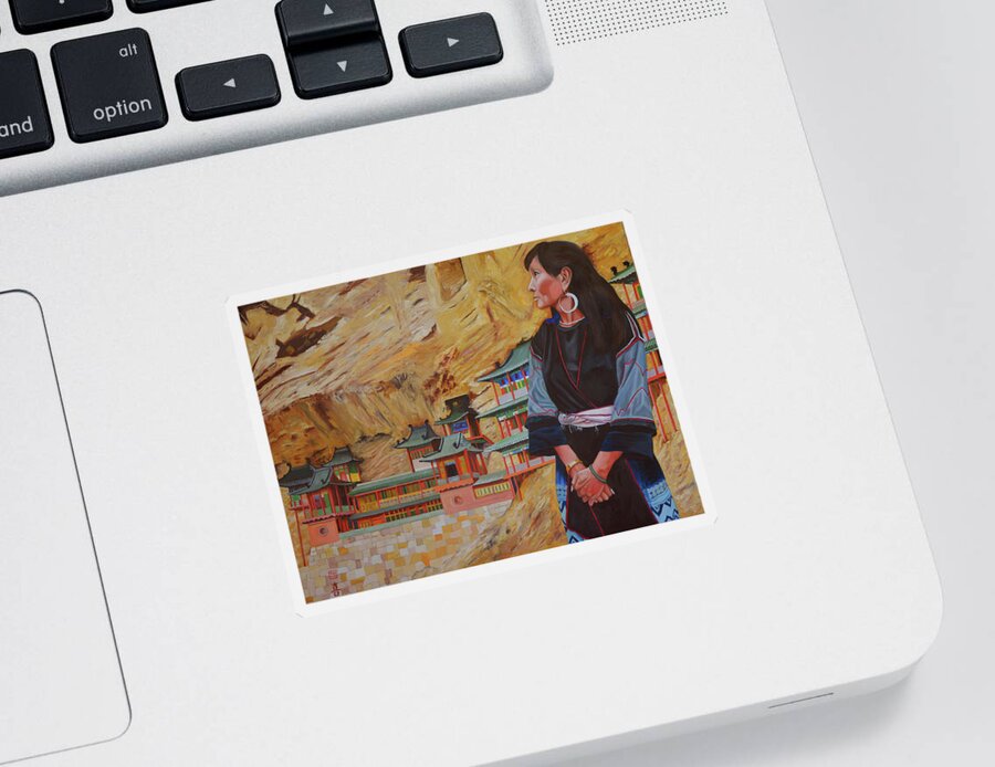 Cliffhanging Sticker featuring the painting Hanging Temple Shanxi China by Thu Nguyen