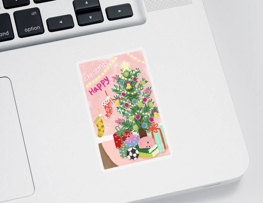 Christmas Sticker featuring the drawing Happy Christmas by Min fen Zhu