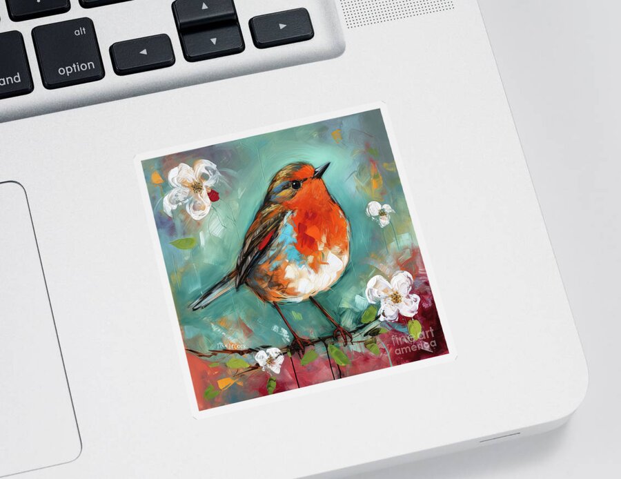 American Robin Sticker featuring the painting Happy Spring Robin by Tina LeCour