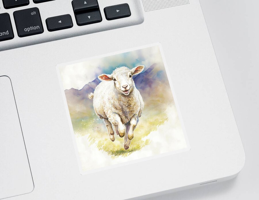 Sheep Sticker featuring the digital art Happy Watercolor Sheep in Spring 01 by Matthias Hauser