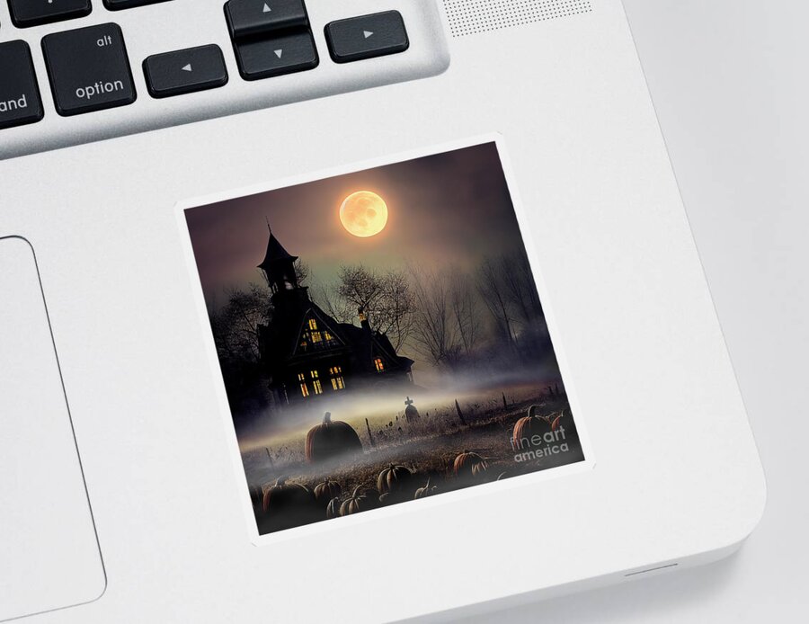 House Sticker featuring the photograph Haunted house on pumpkin field. Halloween night scene. by Jelena Jovanovic