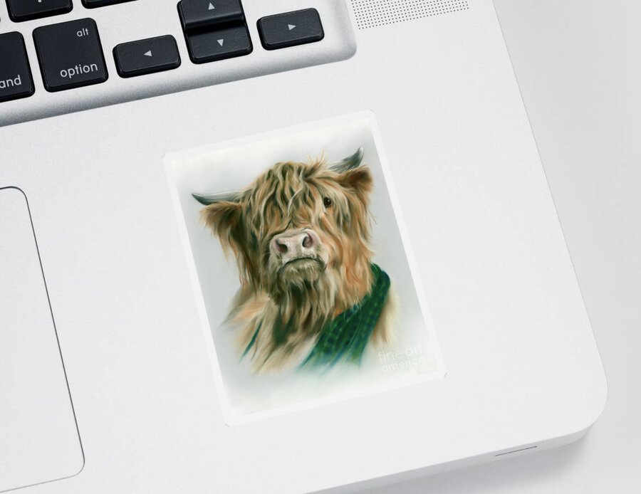 Farm Animal Sticker featuring the painting Highland Cow with Plaid by MM Anderson